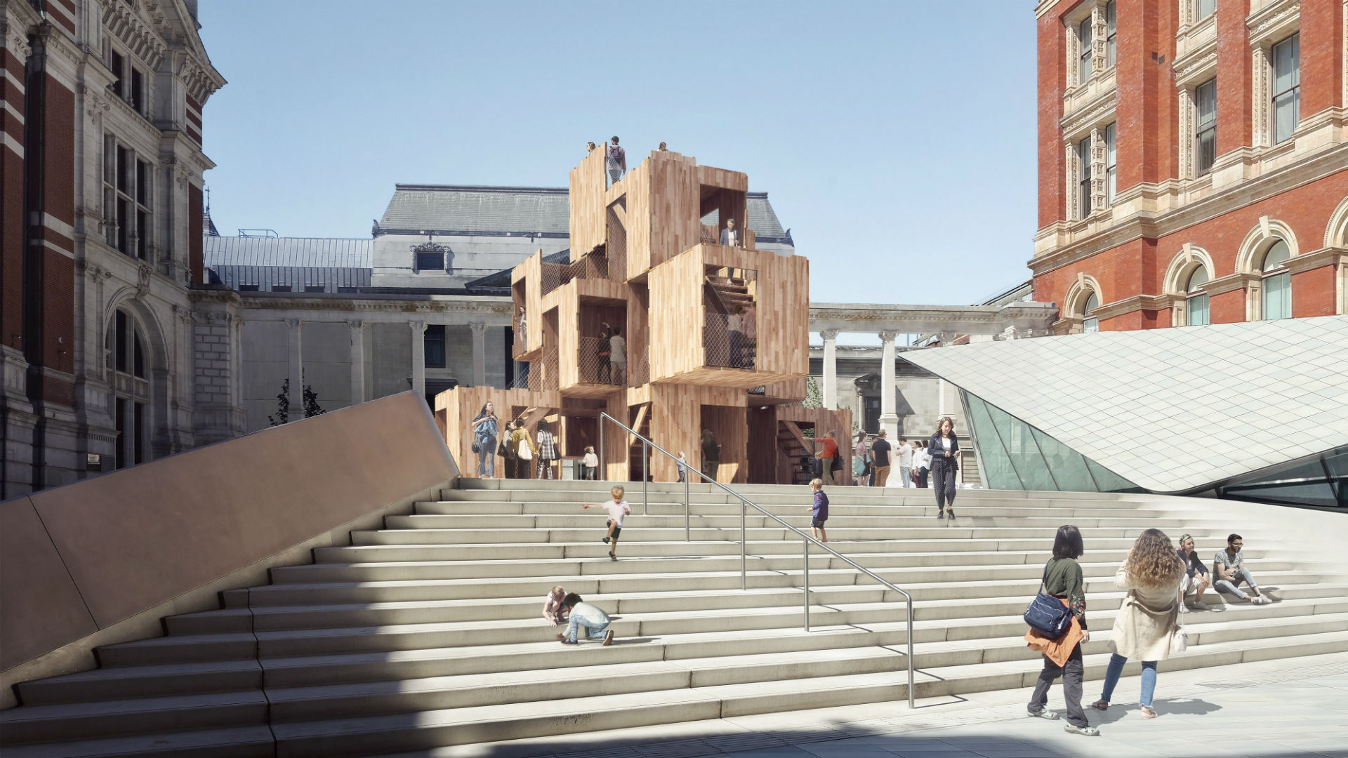 MultiPly by Waugh Thistleton Architects supported by the American Hardwood Export Council and Arup. Image courtesy of Exposure. MultiPly installation by Waugh Thistleton Architects is displayed in the sunshine at the top of a set of steps