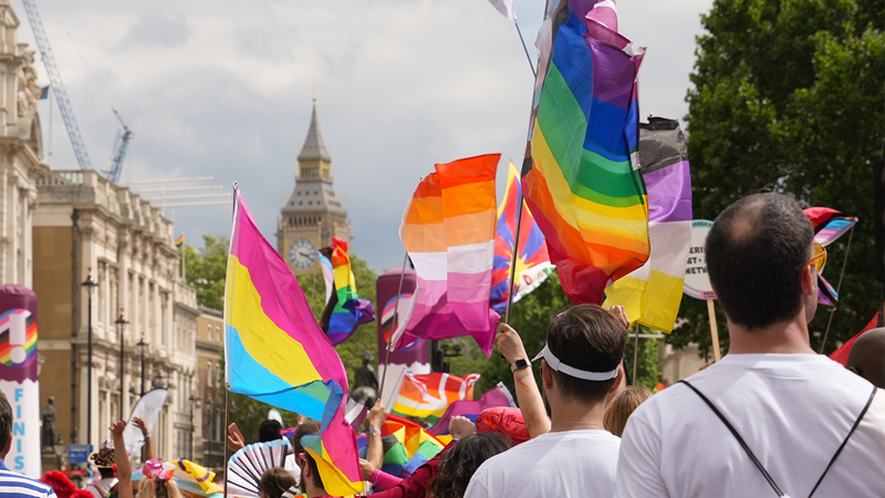 Celebrate Pride on the streets of London at the annual parade. Credit: Peter Cohen. Image courtesy of London & Partners. Rainbow-coloured flags are waved by people during Pride in London.