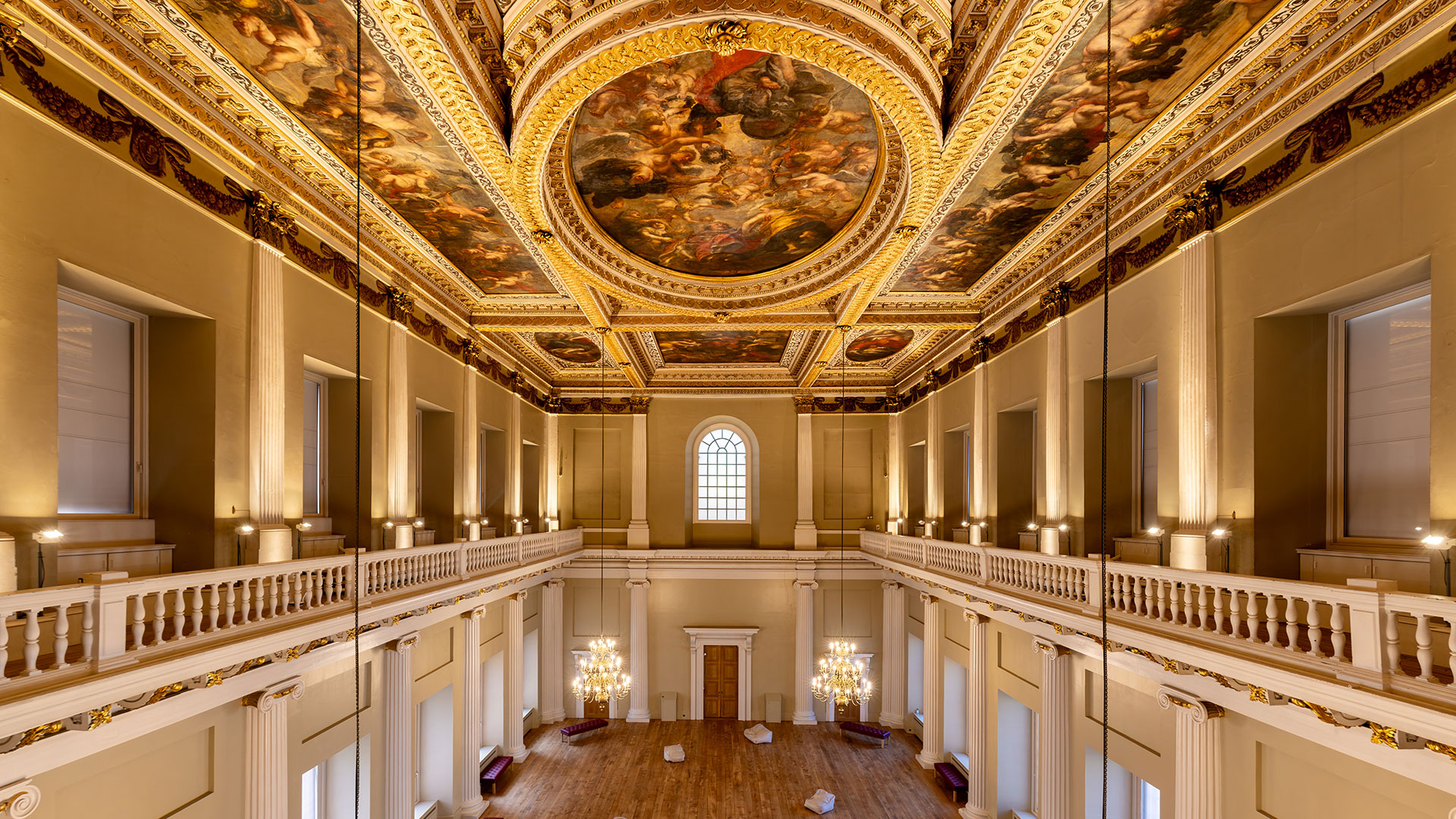 Admire Sir Peter Paul Rubens' spectacular ceiling paintings, a series of nine monumental canvases celebrating the reign of King James I © Historic Royal Palaces. Image courtesy of Historic Royal Palaces. The elegant balcony area below Reubens painted ceiling