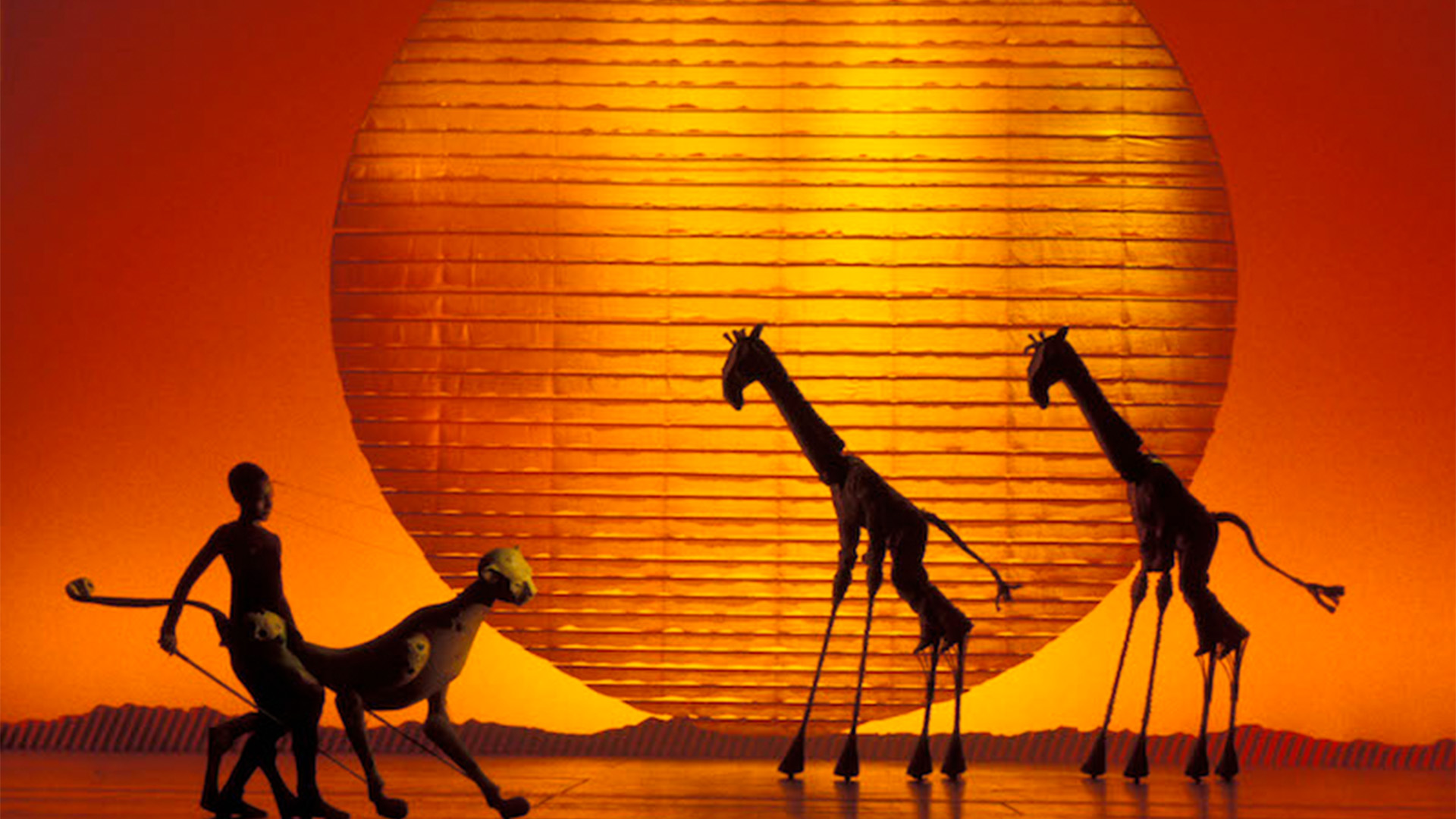 Catch the award-winning production of Disney's The Lion King at the Lyceum Theatre. Image courtesy of London Theatre DIrect. Giraffes and a cheetah glide across the stage in Disney's The Lion King