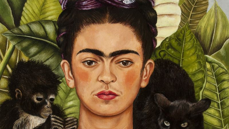 Frida Kahlo, Untitled (self-portrait with thorn necklace and hummingbird) 1940. Nickolas Muray Collection of Mexican Art. Image courtesy of Tate Modern. Self-portrait of Frida Kahlo with a cat and monkey on her shoulders.