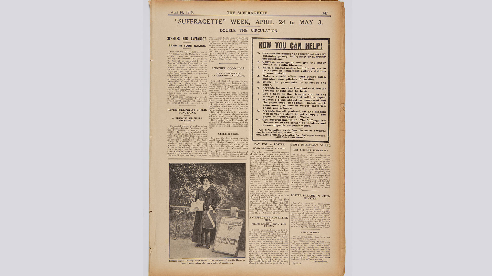 Discover rarely seen documents tracing Sophia Duleep's life as part of the 'Last Princesses of Punjab' exhibition at Kensington Palace. Image courtesy of Kensington Palace. Photo credit: © Peter Bance Collection. Bound Copy of the Suffragette with an image of Sophia selling copies of the suffragette, part of Kensington Palace's exhibition 'The Last Princesses of Punjab'.