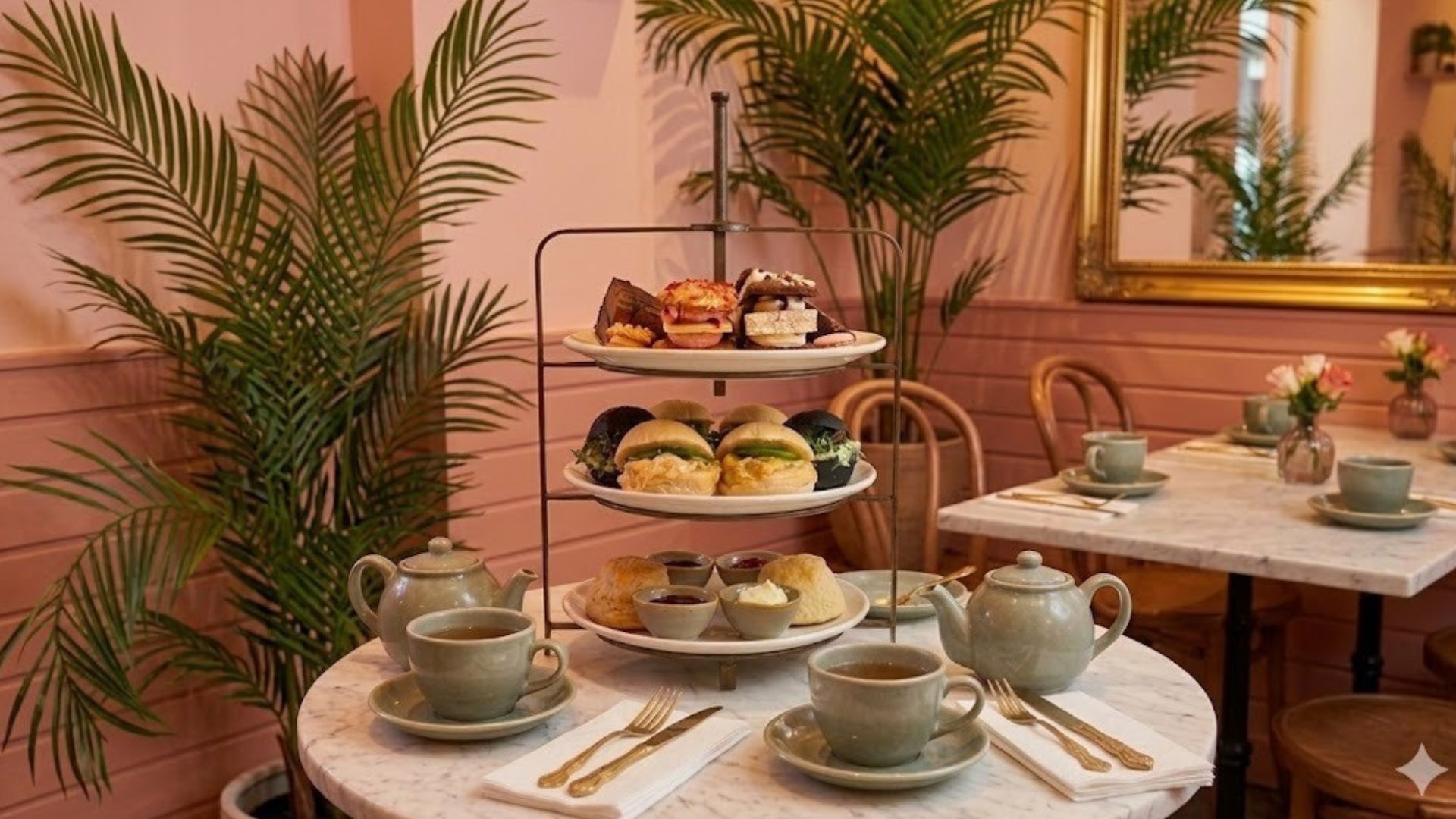 Enjoy afternoon tea served on a three-tier stand in a pastel-pink cafe, featuring finger sandwiches, pastries and scones with tea. Image courtesy of Cutter & Squidge. Three-tier afternoon tea stand with finger sandwiches, pastries and scones on a marble café table, set with teacups in a pink interior decorated with plants.