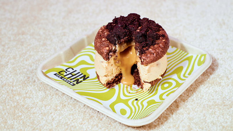 Enjoy a peanut caramel chewy cookie sandwich from Chin Chin Labs. Credit: Justine Trickett. Image courtesy of Chin Chin Labs. A peanut caramel chewy cookie sandwich placed on a white tray