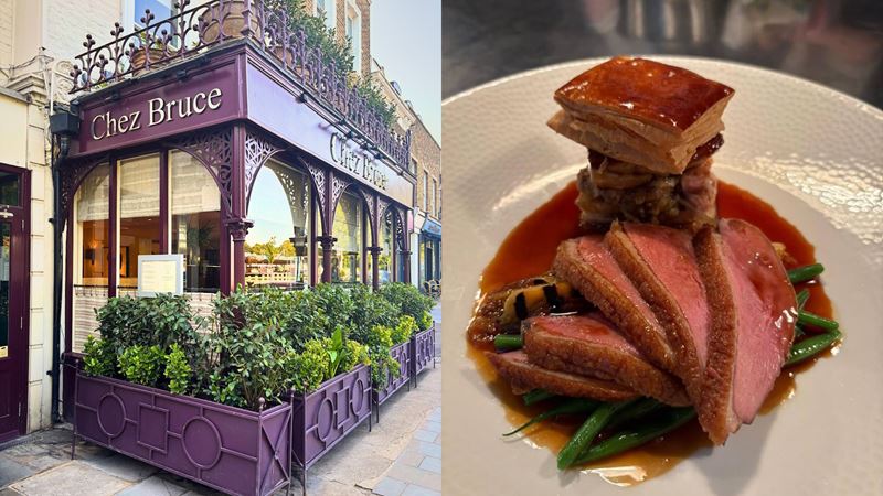 Enjoy Michelin-starred French cuisine at Chez Bruce. Credit: Chez Bruce. Image courtesy of Chez Bruce. Collage of two images showing the purple restaurant front of Chez Bruce and a sliced duck breast dish.