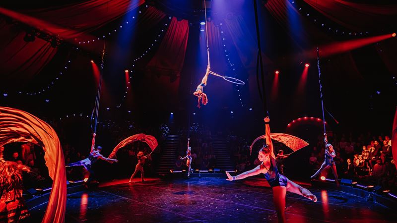 Experience the thrill of a lifetime under the big top at COME ALIVE! The Greatest Showman Circus London Spectacular. © London Theatre Direct/Luke Dyson dark circus-themed stage with dramatic mood lighting and acrobats performing stunts