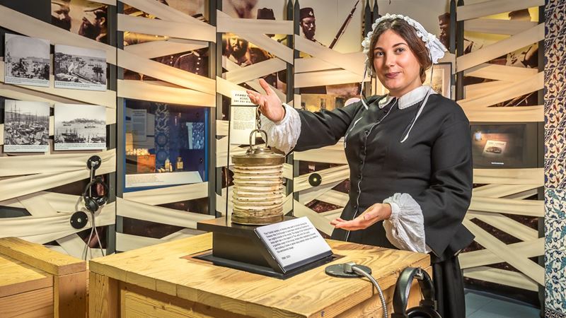 See objects relating to Florence Nightingale's life, work and legacy, such as a fanoos lantern, thought to have been used during the Crimean War, at the Florence Nightingale Museum. An actor dressed as a nurse, holding the concertina-like fanoos lantern, at the Florence Nightingale Museum.