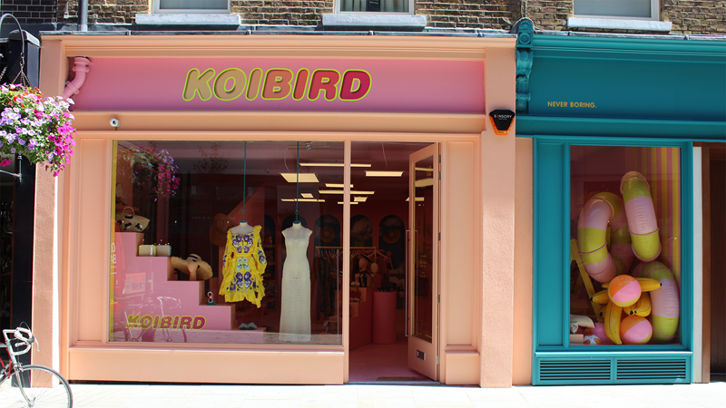 Browse curated designer clothing at Koibird in Marylebone Village. Credit: Shutterstock. Image courtesy of Shutterstock. Colourful exterior of Koibird in Marylebone