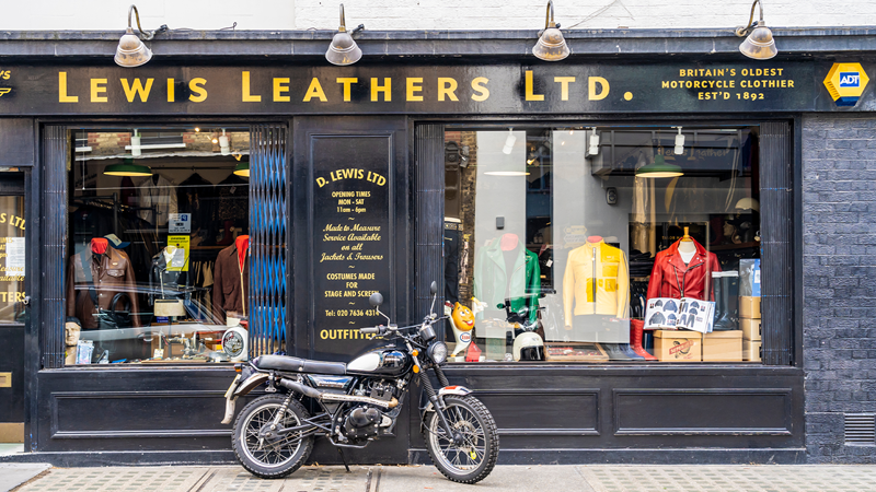 Find all your leather needs at Lewis Leathers, Britain's oldest motorcycle clothing company. Credit: Shutterstock. Image courtesy of Shutterstock. The exterior of Lewis Leathers with a black motorcycle in front