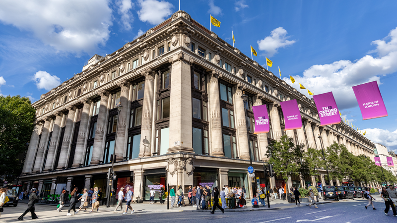Discover six floors of clothing, shoes, accessories and more at Selfridges department store on London's Oxford Street. Credit: Peter Cohen. Image courtesy of London & Partners. Exterior of Selfridges department store on Oxford Street