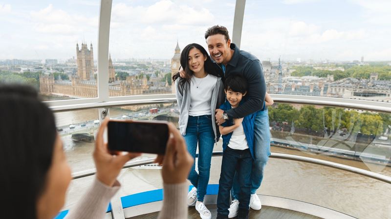 Make memories with the whole family on the London Eye. Credit: London Eye. Image courtesy of London Eye. A family enjoy the amazing views from a pod as they ride The London Eye.