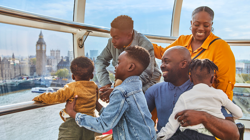 Make memories with the whole family on the London Eye. Credit: London Eye. Image courtesy of London Eye. A family enjoy the amazing views from a pod as they ride The London Eye.