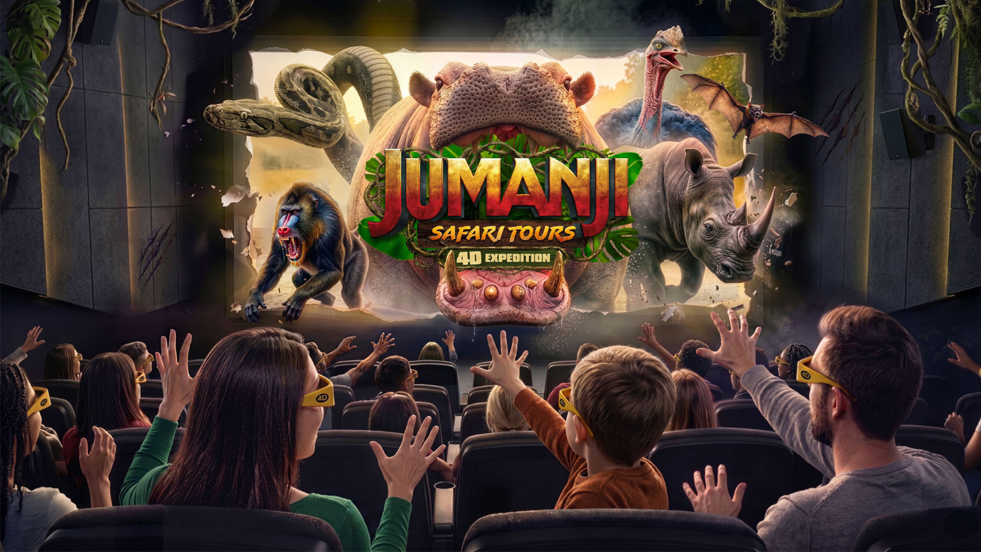 When visiting Madame Tussauds this summer, try the immersive 4D Jumanji safari. Image courtesy of Merlin Entertainment Group. The artwork promoting Madame Tussauds' new 4D experience, the Jumanji Safari Tour, shows a cinema room full of spectators looking up at the screen, which is filled with jungle animals.