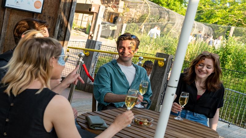 See the zoo after hours, enjoy tasty street food and relaxing music at Zoo Nights at London Zoo. Image courtesy of ZSL. four people smiling, sat around an outdoor bench table, wearing animal face painting and cheering with a glass of prosecco