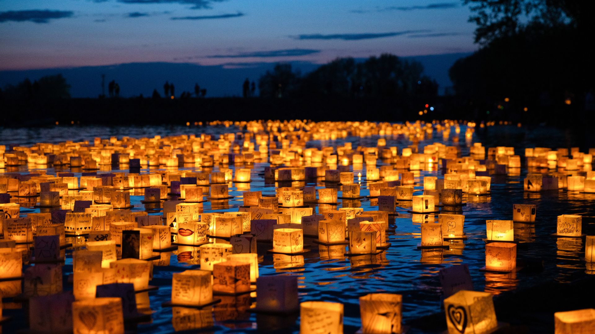 Experience the magic of Thailand's floating lantern tradition in London this weekend at the Water Lantern Festival. Image courtesy of Fever. a low angle shot of a lake at dusk, filled with thousands of softly lit lanterns bobbing on top of the water