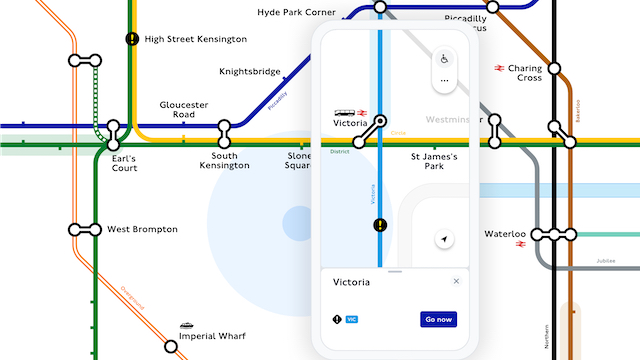 Navigate around the city with the TfL Go app. Image courtesy of Transport for London. TfL Go app screen in front of a London Tube map