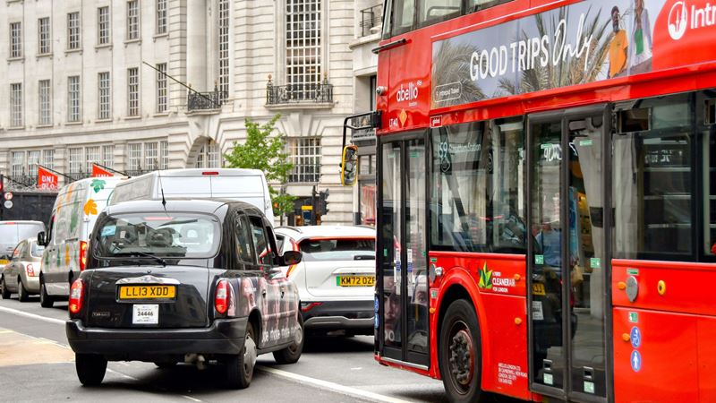Navigate to almost any London destination quickly by taxi. Credit: Shutterstock. Image courtesy of Shutterstock. A photo of a black taxi pulling out into a queue of traffic along a famous London road