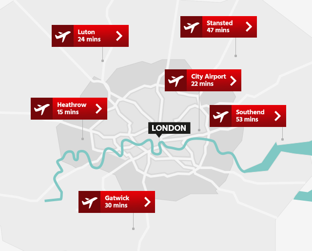 Express train times from London airports to central London in minutes. Heathrow - 15. Gatwick - 30. Luton - 24. Stansted - 47. City - 22. Southend - 53.