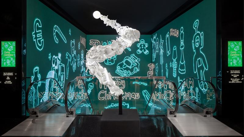 Pay a visit to one of the most unique Christmas trees in London at art'otel Hoxton. Credit: Viktor Kery. Image courtesy of art'otel London Hoxton. A photo of the Christmas tree on display at art'otel Hoxton, a large white sculpture made from shattered porcelain toys at the top of the hotel's escalators
