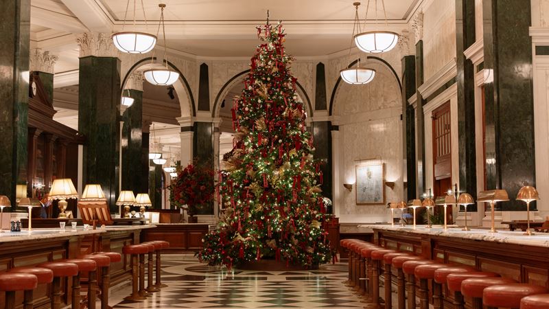See the Ned's Christmas tree in collaboration with The Macallan standing tall in the Grand Banking Hall. Credit: Eloise Stanborough. Image courtesy of The Ned. A photo of a Christmas tree in the grand banking hall at The Ned decorated with red velvet bows and copper baubles