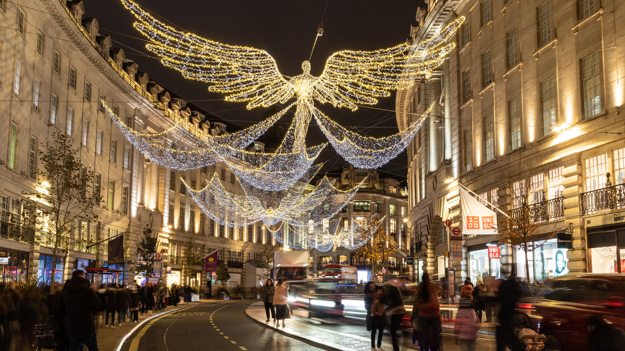 See the famous angels of light and other Christmas decorations on Oxford Street. © Shutterstock Regent Street is dazzling with its traditional Christmas decorations and the iconic angles.
