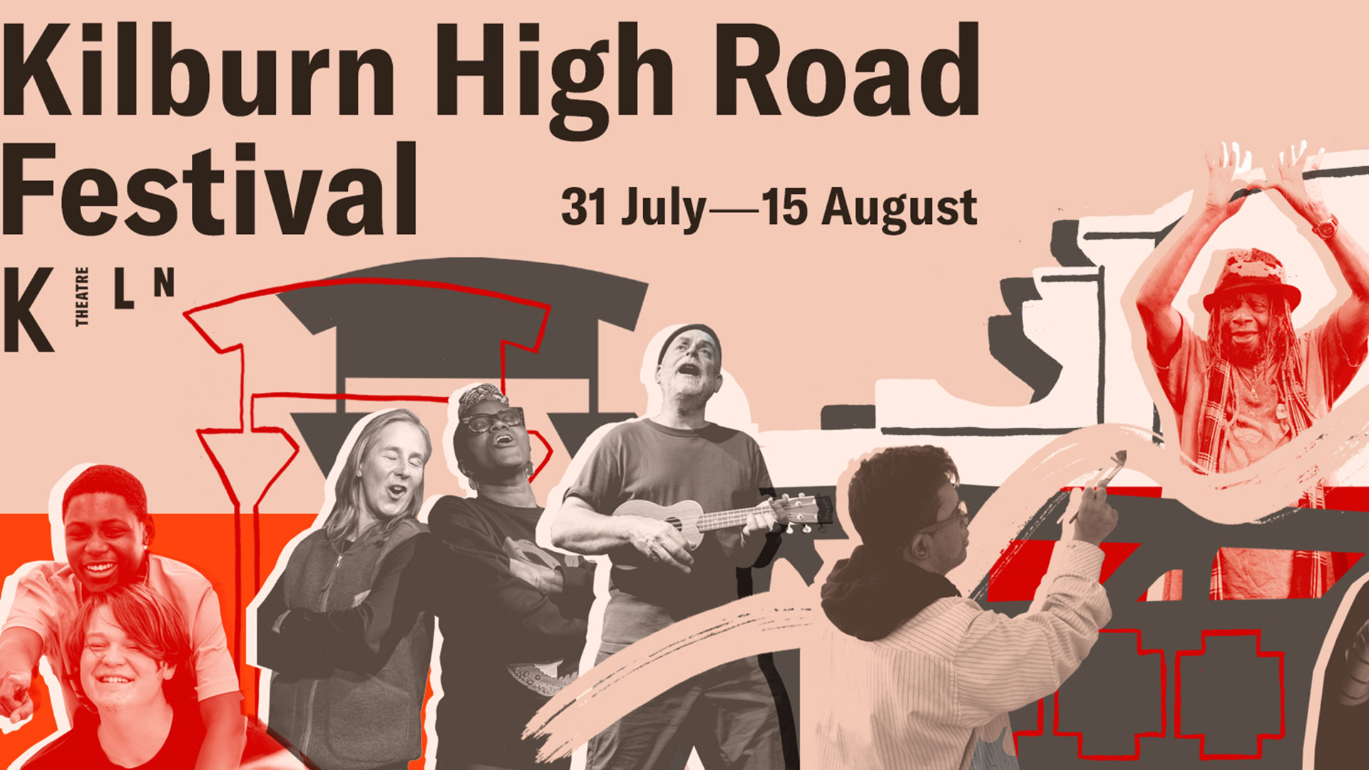 Don't miss the Kilburn High Road Festival, which celebrates local communities in partnership with the Kiln Theatre. Photo credit: Lizzie Lomax. This artwork promotes the Kilburn High Road Festival and shows a group of people singing, performing and playing music against a red background.