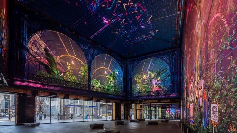 Admire the whimsical Butterfly Trail on display at Outernet. Credit: Tony Murray. Image courtesy of Outernet. A photo of the Now Building at Outernet with multicoloured butterfly artwork across the walls and ceiling