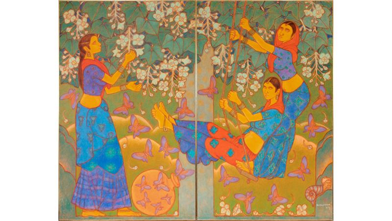 A. Ramachandran, Girls on the Swing, 2017. Oil on canvas, 78 x 96 in. Image courtesy of London Gallery Weekend. A colourful painting by A. Ramachandran depicting three people on a swing in woodland.
