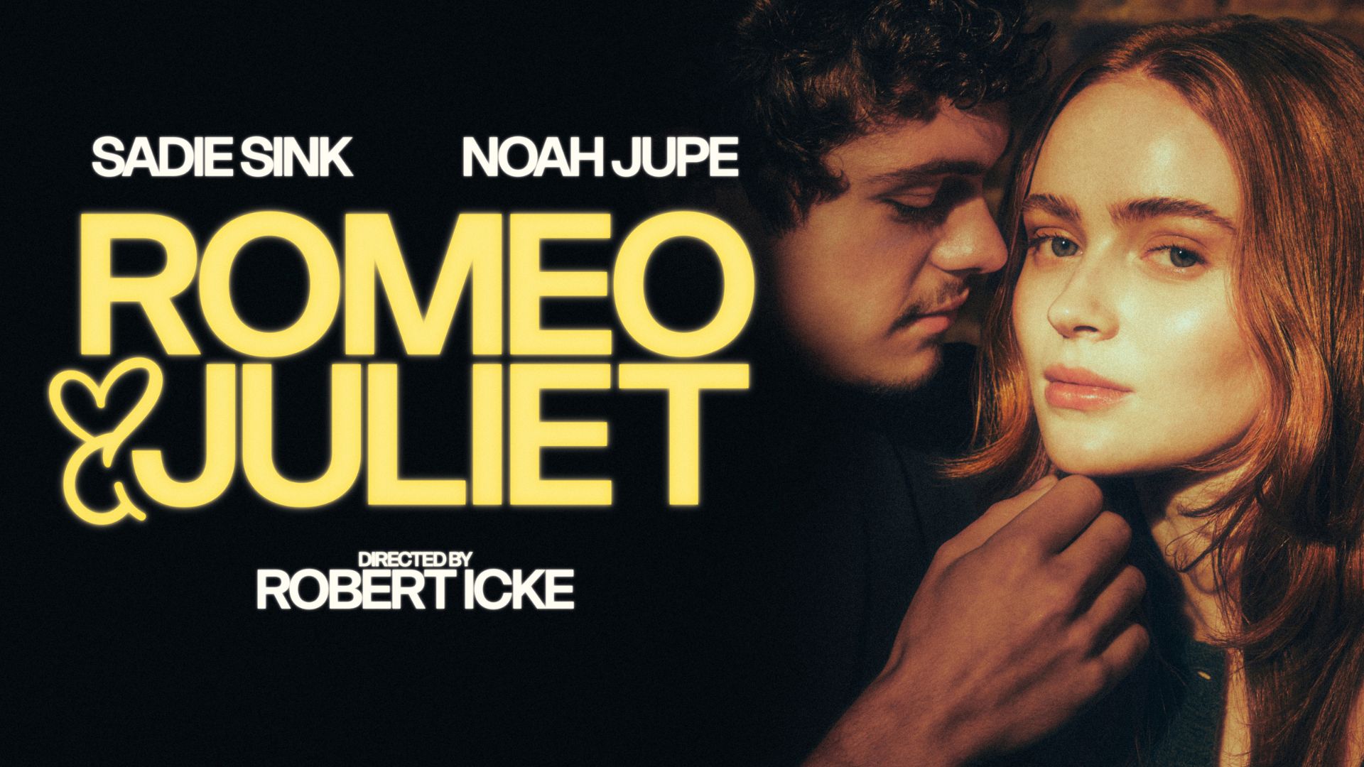 Sadie Sink and Noah Jupe star in Romeo & Juliet, directed by Robert Icke. Image courtesy of Story House PR. Photo credit: Helen Murray. Promotional artwork for Romeo & Juliet showing Sadie Sink and Noah Jupe in close-up against a dark background.