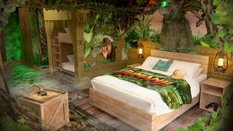 Bring the kids' imagination to life in themed rooms at Chessington. Credit: Smarts. Image courtesy of Smarts. A jumanji-themed room with a bed and bunk beds, decorated with trees and leaves on the walls.